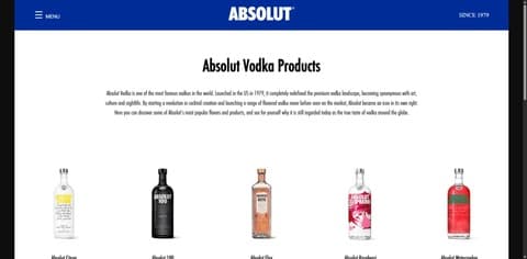 Absolut Vodka product catalog website homepage